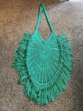 Vintage Teal Crochet Fringe Tote Bag